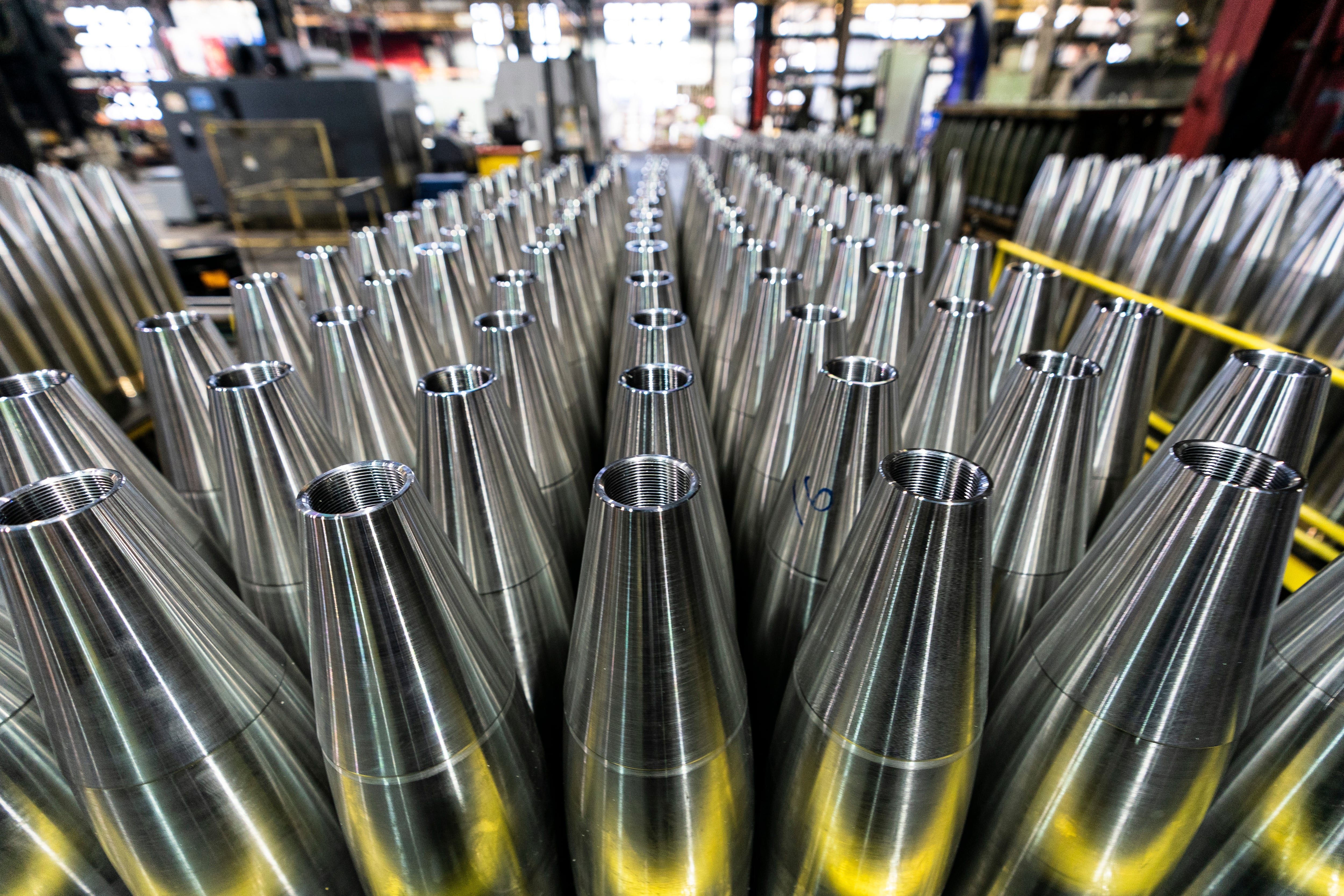 155mm M795 artillery projectiles are stored during manufacturing process at the Scranton Army Ammunition Plant in Scranton, Pa., Thursday, April 13, 2023.