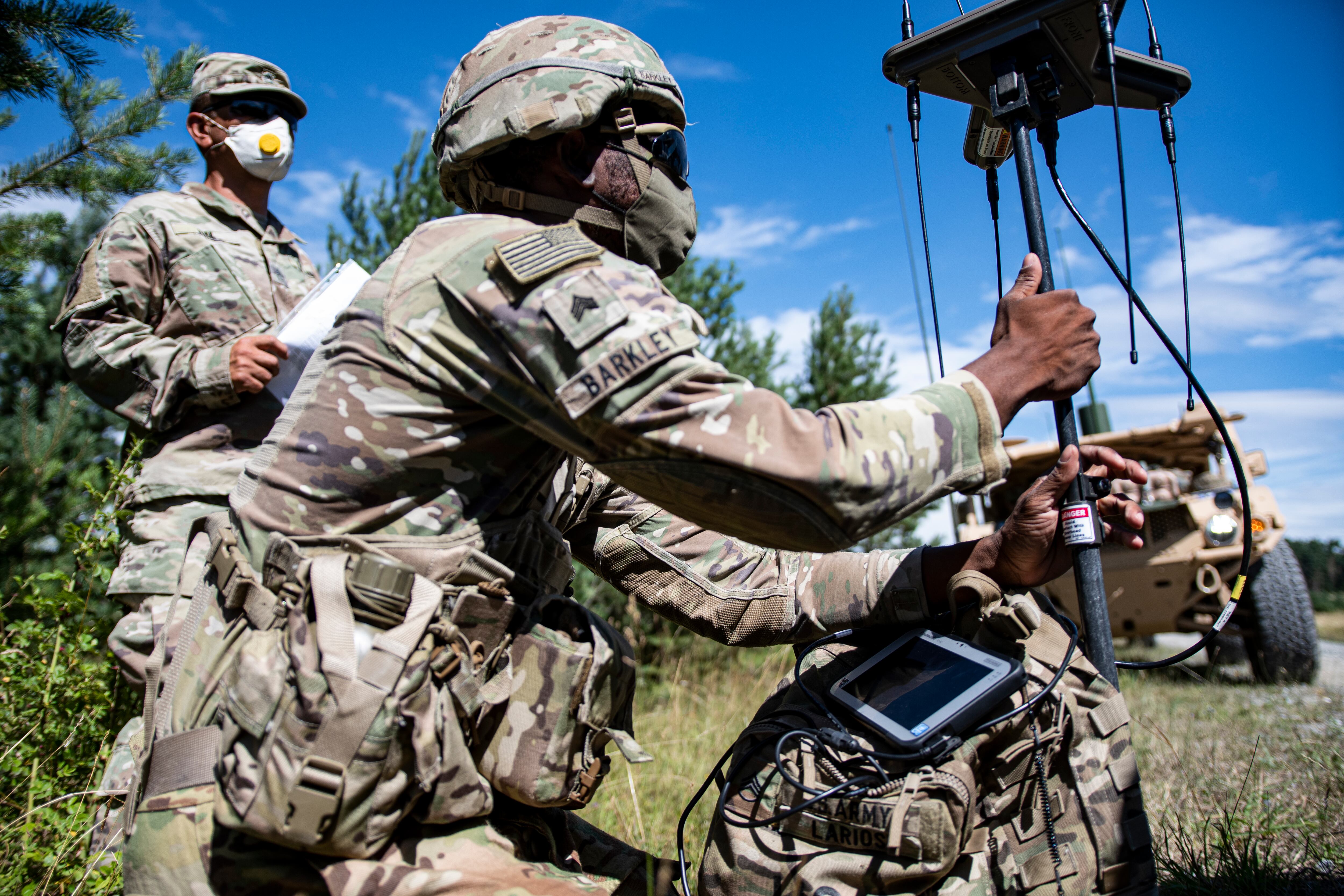 Sgt. Cameron Barkley, a U.S. Army paratrooper, uses electronic warfare equipment during the development of a new training module for the service in 2020.