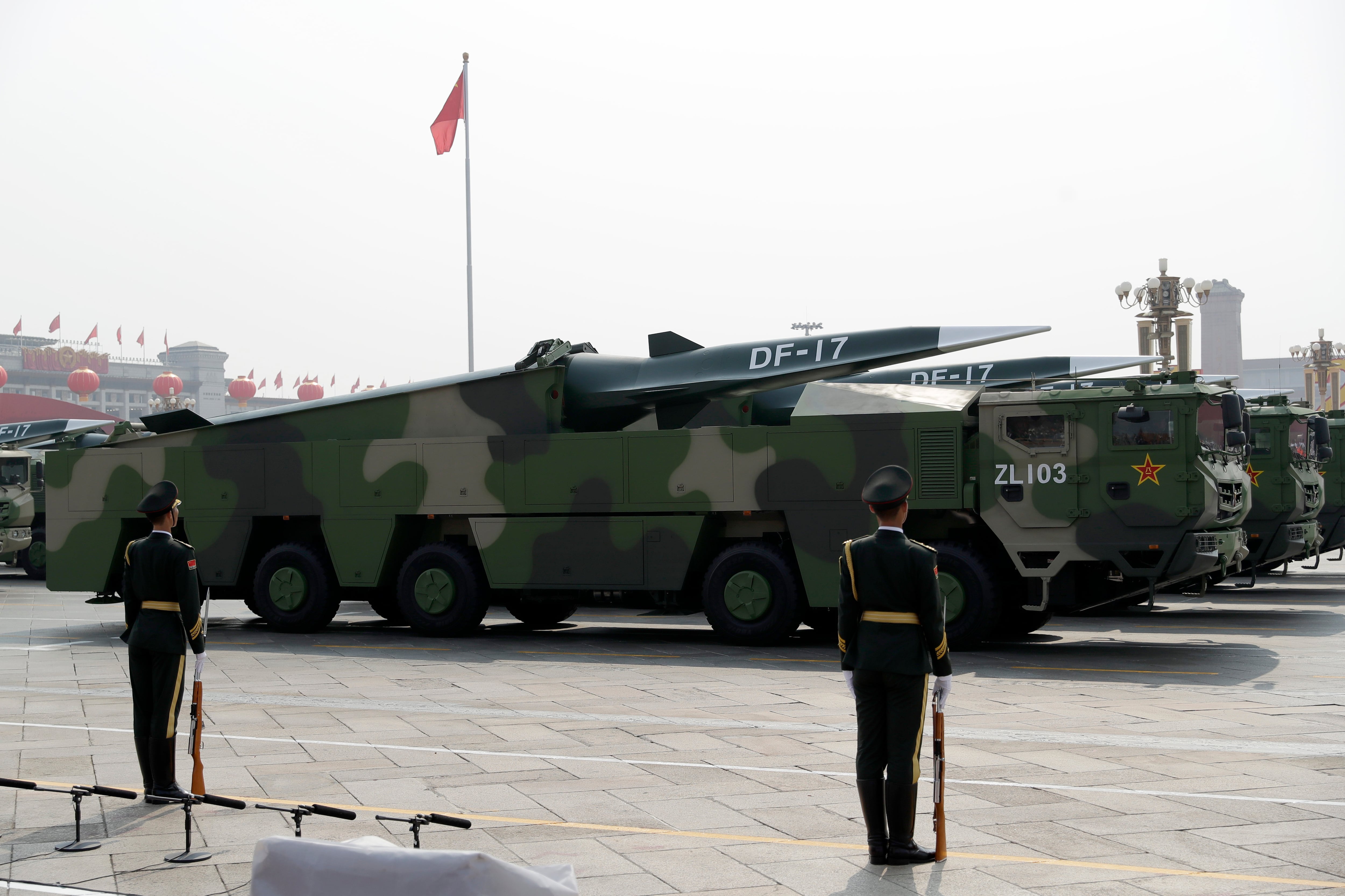 Vehicles carrying DF-17 ballistic missiles roll during a parade to commemorate the 70th anniversary of the founding of Communist China in Beijing, Oct. 1, 2019.