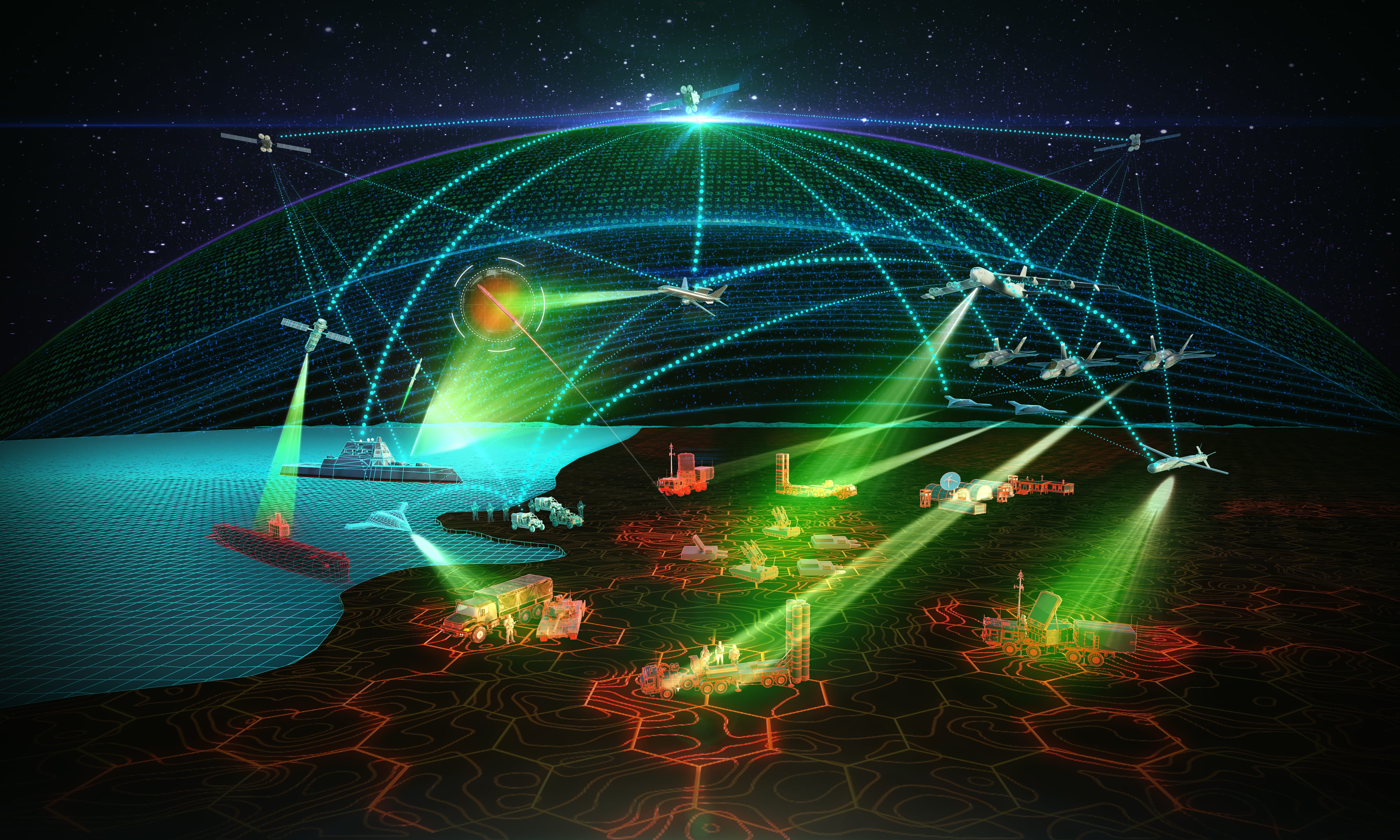 A visualization of the Pentagon's Joint All-Domain Command and Control concept, which aims to better connect sensors and shooters across vast distances.