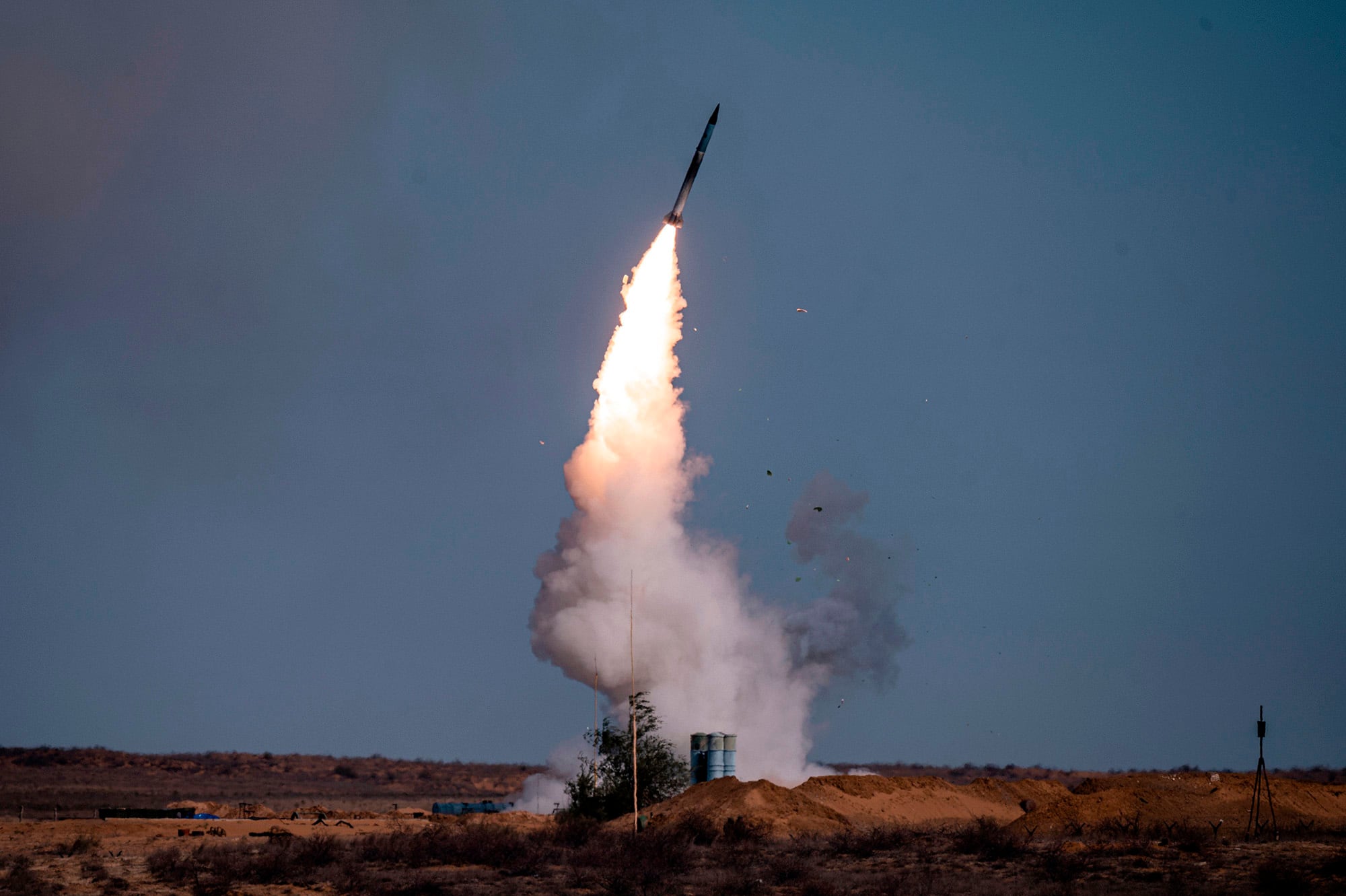 A rocket launches from a S-400 missile system at the Ashuluk military base in southern Russia on Sept. 22, 2020, during the "Caucasus-2020" military drills gathering China, Iran, Pakistan and Myanmar troops, along with ex-Soviet Armenia, Azerbaijan and Belarus.