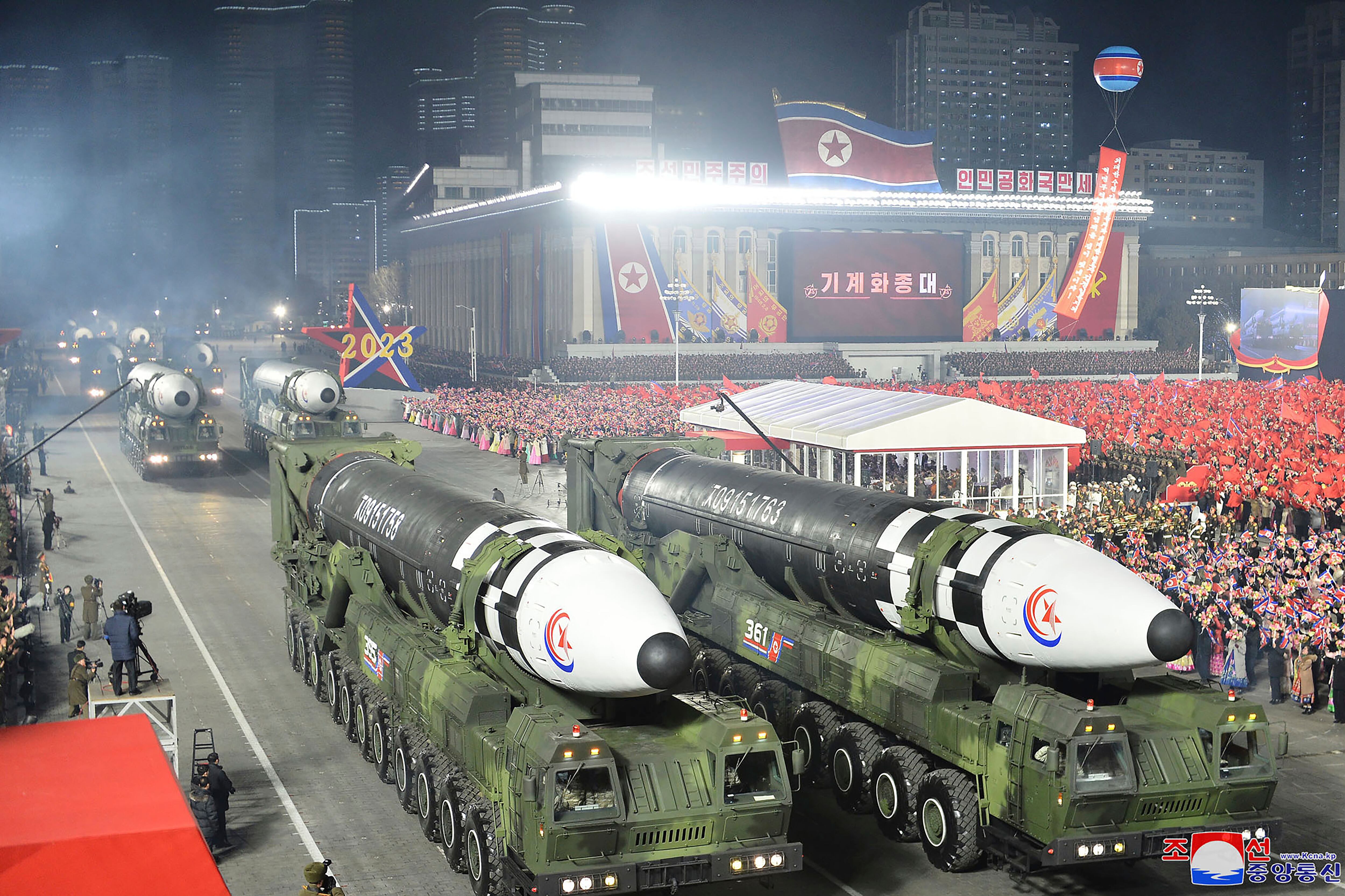 This photo provided by the North Korean government, shows what it says is Hwasong-17 intercontinental ballistic missiles during a military parade to mark the 75th founding anniversary of the Korean People's Army on Kim Il Sung Square in Pyongyang, North Korea, Wednesday, Feb. 8, 2023.