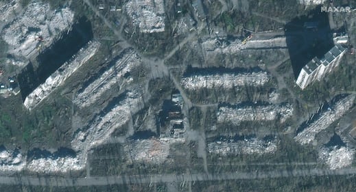 Satellite image shows where damaged high rise apartment buildings have been torn down in Mariupol, Ukraine, Nov. 30, 2022.