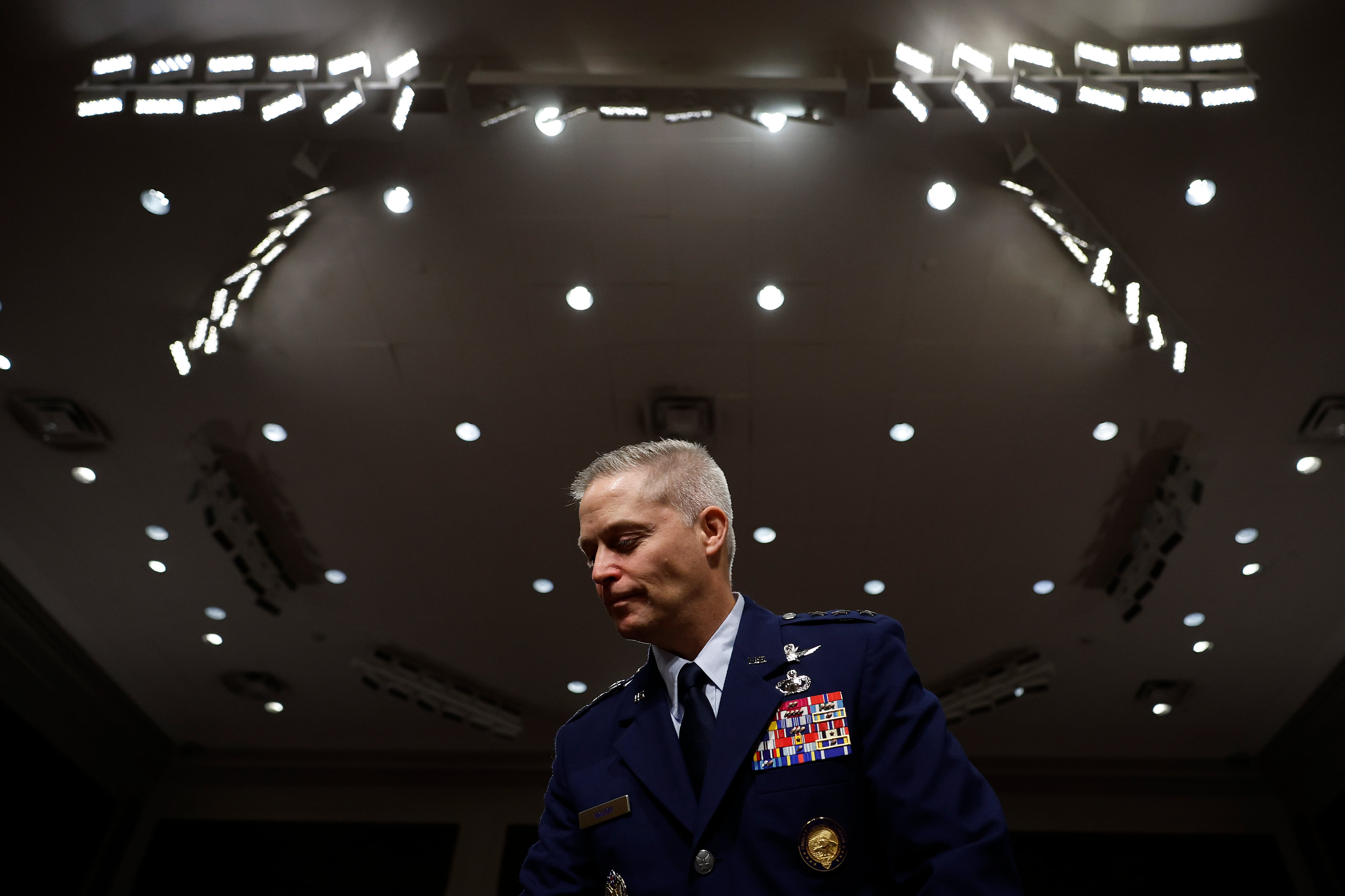 U.S. Air Force Lt. Gen. Timothy Haugh prepares to testify before the Senate Armed Services Committee on July 20, 2023, in Washington, D.C.